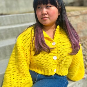 Soothing Sunshine Cropped Cardigan, Hand-Crocheted Cardigan, Puffy Sleeve Cardigan, Kawaii Cardigan, Cozy, Button Up Cardigan