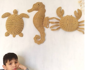 Set of 3 wicker  Turtle Crab Seahorse hanging decors, Wicker nautical wall decor, Beach house decor