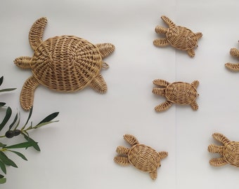 Set of 7 turtle wicker hanging decor, Wicker nautical wall decor, Beach house decor