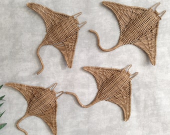 Set of 4 stingray wicker hanging decor, Stingray hanging on wall,Underwater world wall decor, Wicker nautical wall decor, Beach house decor