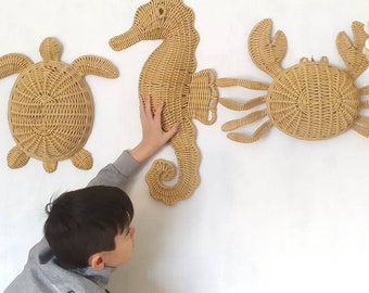 Wicker Turtle Crab Seahorse hanging decors, Wicker nautical wall decor, Beach house decor