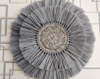 Melange Gray Wicker Wall Plate with Raffia: Boho Decor (17 inch)