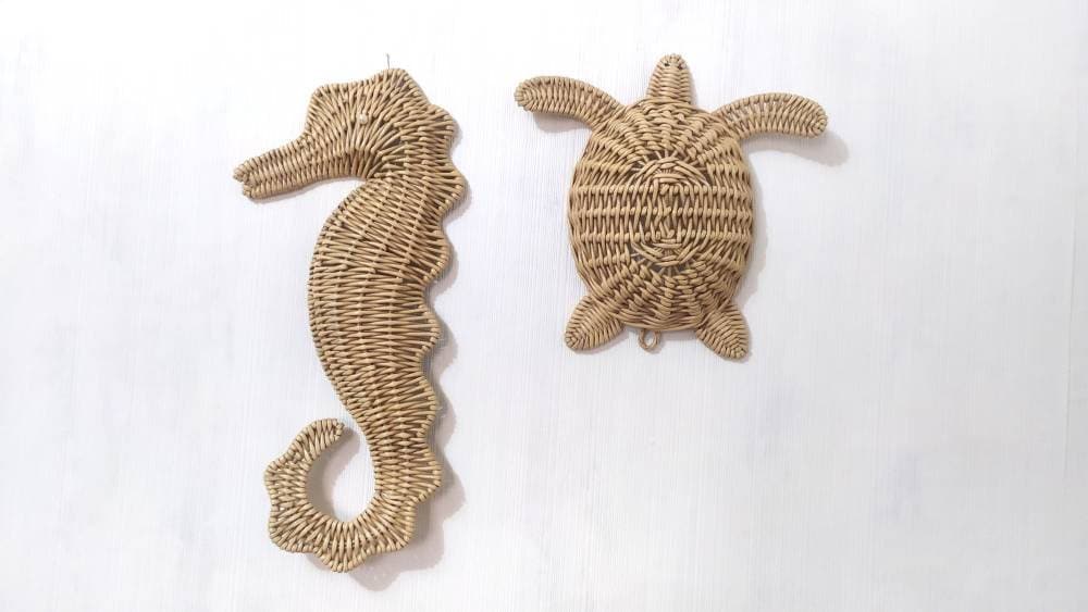 Set Wicker Turtle Crab Seahorse Hanging Decors, Wicker Nautical