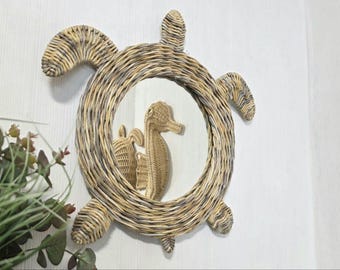 Wicker Turtle Mirror, Nautical Beach House Wall Decor