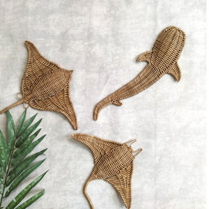 Shark wicker hanging decor, Stingray decor,  Set underwater world, Wicker nautical wall decor, Beach house decor