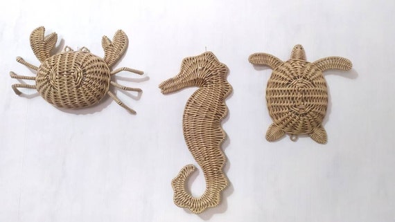 Set Wicker Turtle Crab Seahorse Hanging Decors, Wicker Nautical