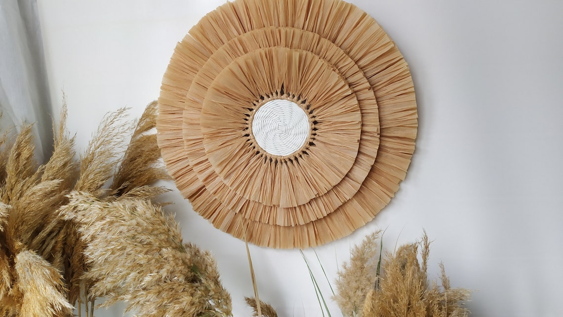 White wicker plate wall decor with raffia Round wicker plate Etsy