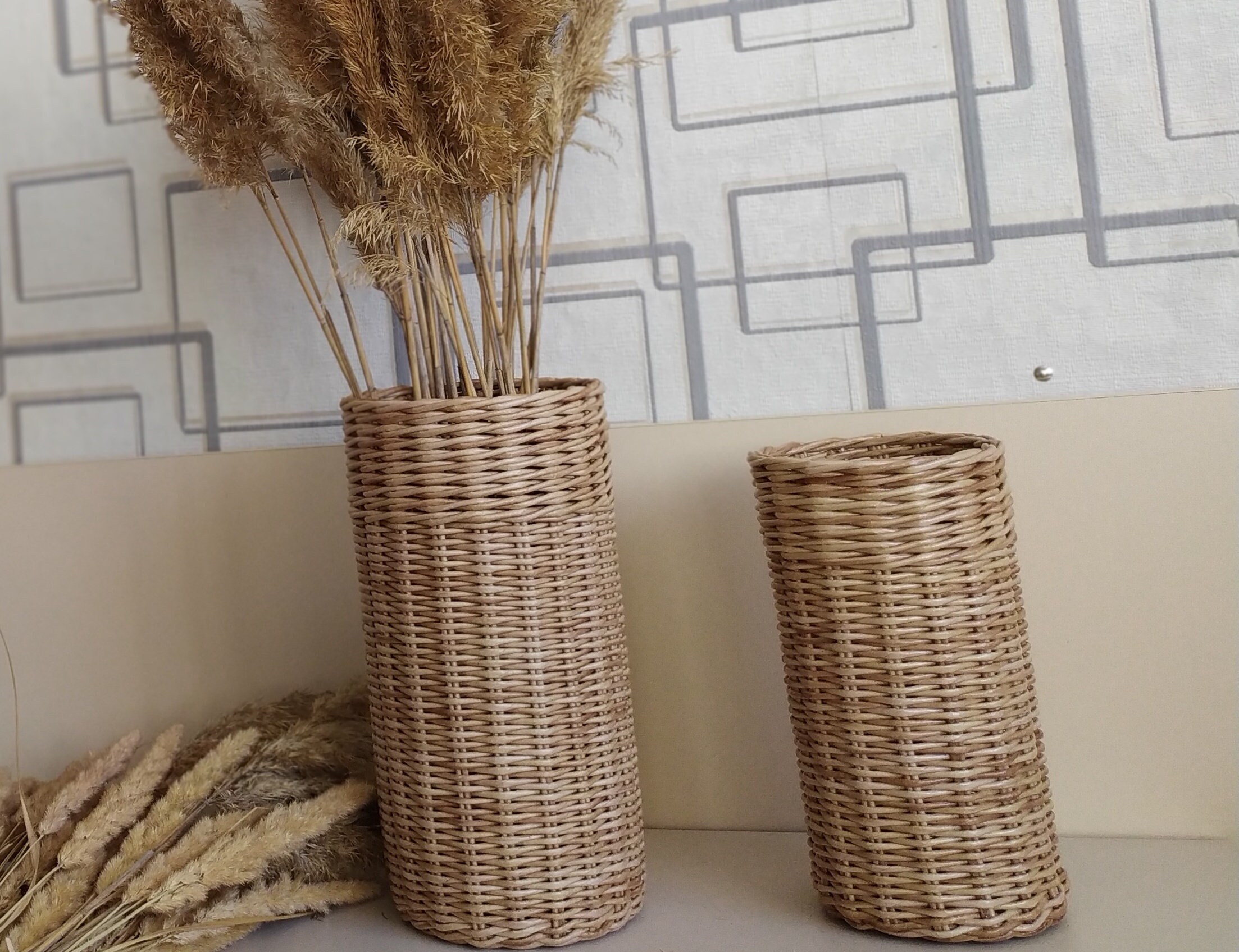 Boho style wicker floor vase for dried flowers Anniversary Etsy