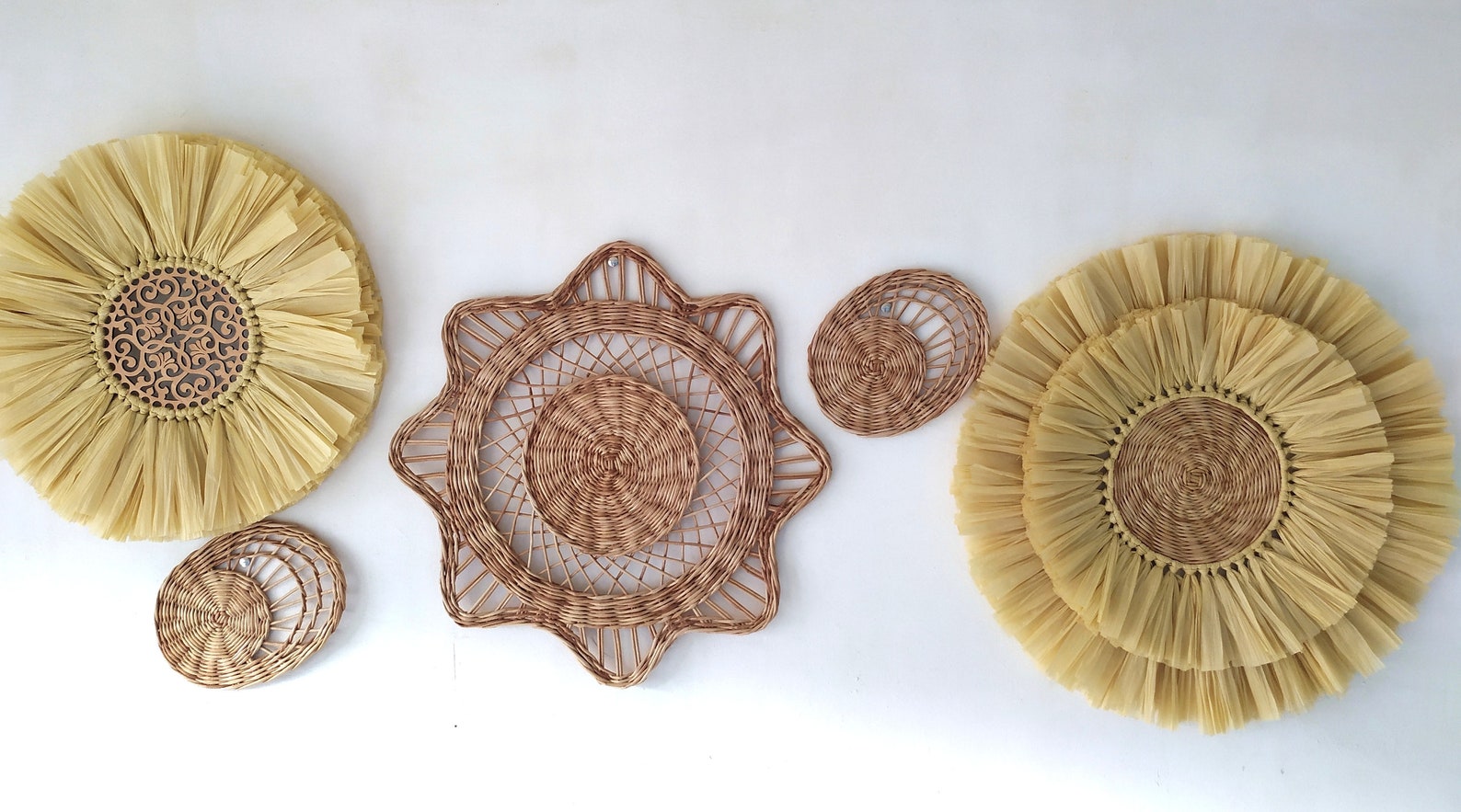 Set 5 wall decor Round wicker plate Boho style Wooden round Etsy