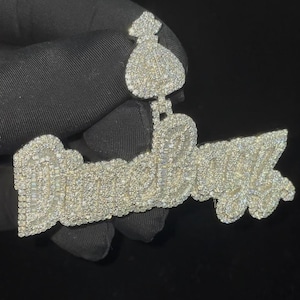 Custom Name Pendant with Money Bag Bail | 925 Sterling Silver | Iced Out with Premium Moissanite & Baguette Diamonds | Hip Hop Bling Jewelry