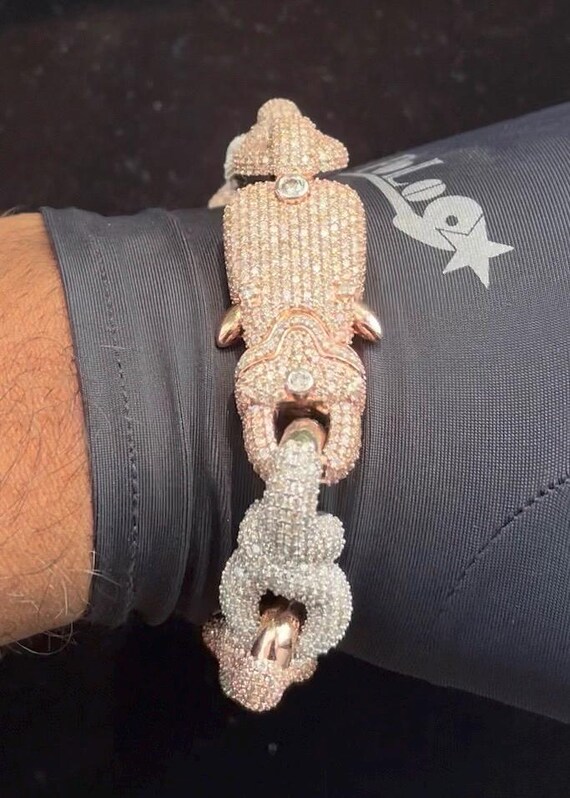 Men’s Iced Out Panther Link Bracelet | Two Tone Rose Gold Hip Hop Jewelry | Custom Panther Link Diamond Studded Bracelet | Luxury Men's Gift