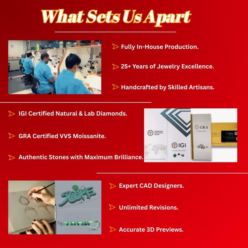 Peut inclure: Graphique rouge avec le texte &laquo;&nbsp;What Sets Us Apart&nbsp;&raquo; et des puces d&eacute;crivant la production de bijoux. Comprend &laquo;&nbsp;Production enti&egrave;rement interne&nbsp;&raquo;, &laquo;&nbsp;25+ ans d'excellence en joaillerie&nbsp;&raquo; et &laquo;&nbsp;Fabriqu&eacute; &agrave; la main par des artisans qualifi&eacute;s&nbsp;&raquo;.