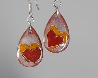 Enamel earrings in cloisonne technique, 925 silver, 2 hearts