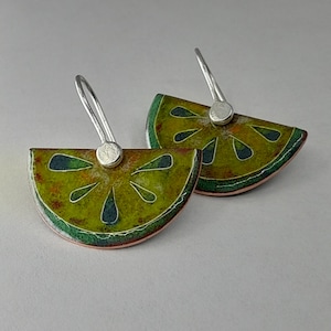 Cloisonne, green earrings, silver hooks, lime
