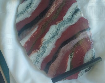 Oval geode platter/pink/red/white/black/metal handles/ resin/gift/present/unique/home decor/smooth