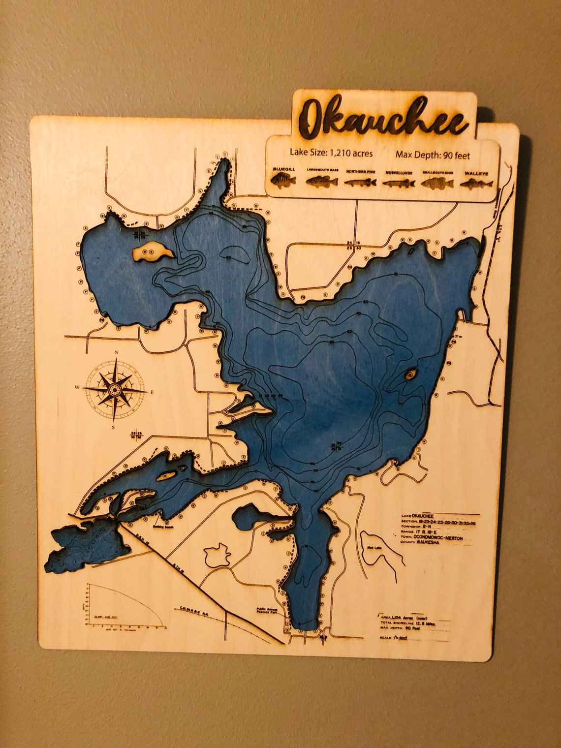 Okauchee Lake map 3D wood laser cut Etsy