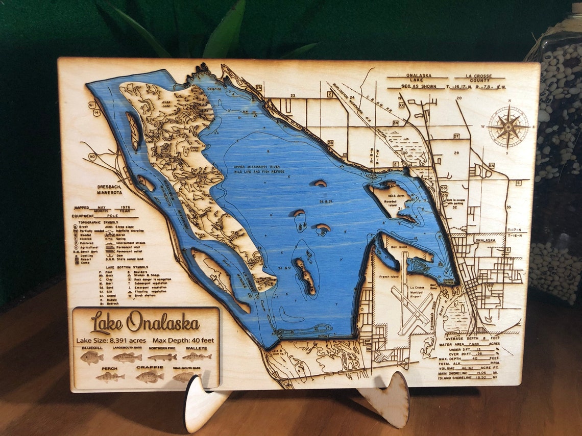 Lake Onalaska map 3D wood laser engraved map Etsy