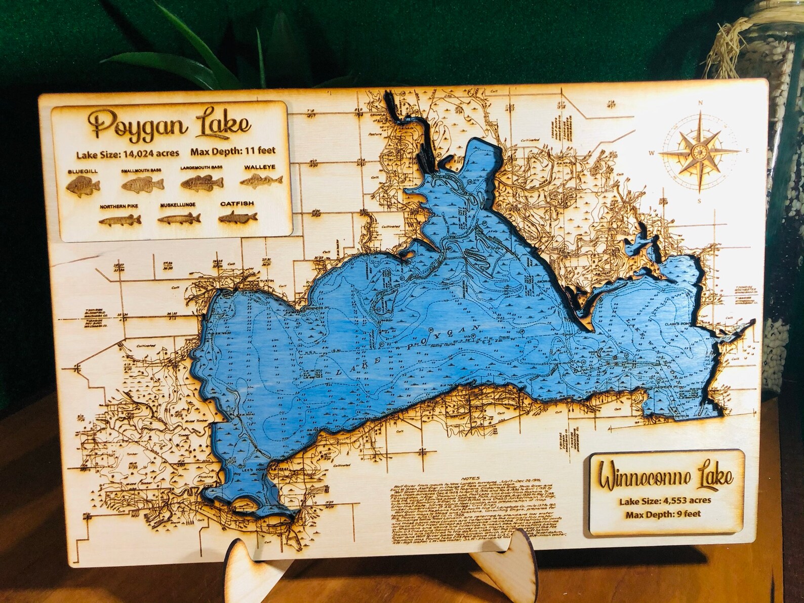 Poygan Lake Map 3D Wood Laser Engraved Map Etsy