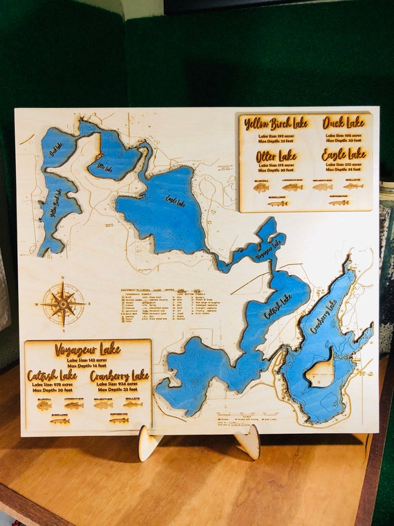 Laser Cut Lake Maps Eagle River Chain Lake Map 3D Wood Laser Cut With Blue | Etsy Ireland