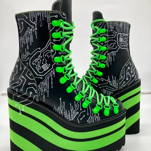 Cyberpunk green black and white badass unique custom dollskill platform boots stompers cyber Borg