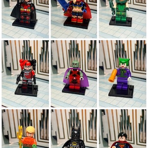 Peut inclure: Une collection de neuf figurines de super-héros et de méchants de DC Comics debout sur des socles noirs. Les personnages incluent Red Robin, Supergirl, Green Arrow, Harley Quinn, Martian Manhunter, Joker, Aquaman, Batman et Superman.