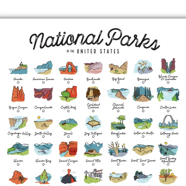 National Parks Checklist Poster | 63 US Parks Wall Art | Bucket List Print Gift