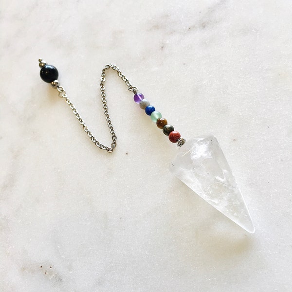 Handmade Chakra Stones Clear Quartz Crystal Pendulum | Black Obsidian End Bead Holder | Stainless Steel | Reiki Tools