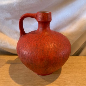 Classic Vintage West German 9” One Handled Vase (Shape 340) with Red FAT LAVA Glaze by RUSCHA Keramik