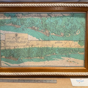 May include: A wooden serving tray with a nautical rope border. The tray features a vintage map of the Little Egg Inlet to Hereford Inlet area of the United States East Coast.