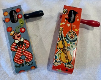 Two (2) Wood Handled Lithographed Noisemakers with Circus Clowns marked Made in USA - Circa 1950’s - FREE SHIPPING