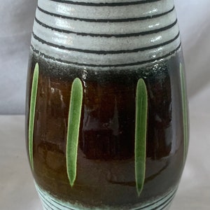 Vintage 8 1/2” Vase with Green Stripes on Brown Gloss Glaze and White Wax Resist Bands over Matte Black by Siery for SCHEURICH EUROP LINIE
