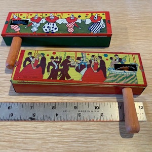Two (2) Giant Vintage 1930’s Multicolored Litho Noisemakers with Wood Handles - MADE iN JAPAN - FREE SHIPPiNG