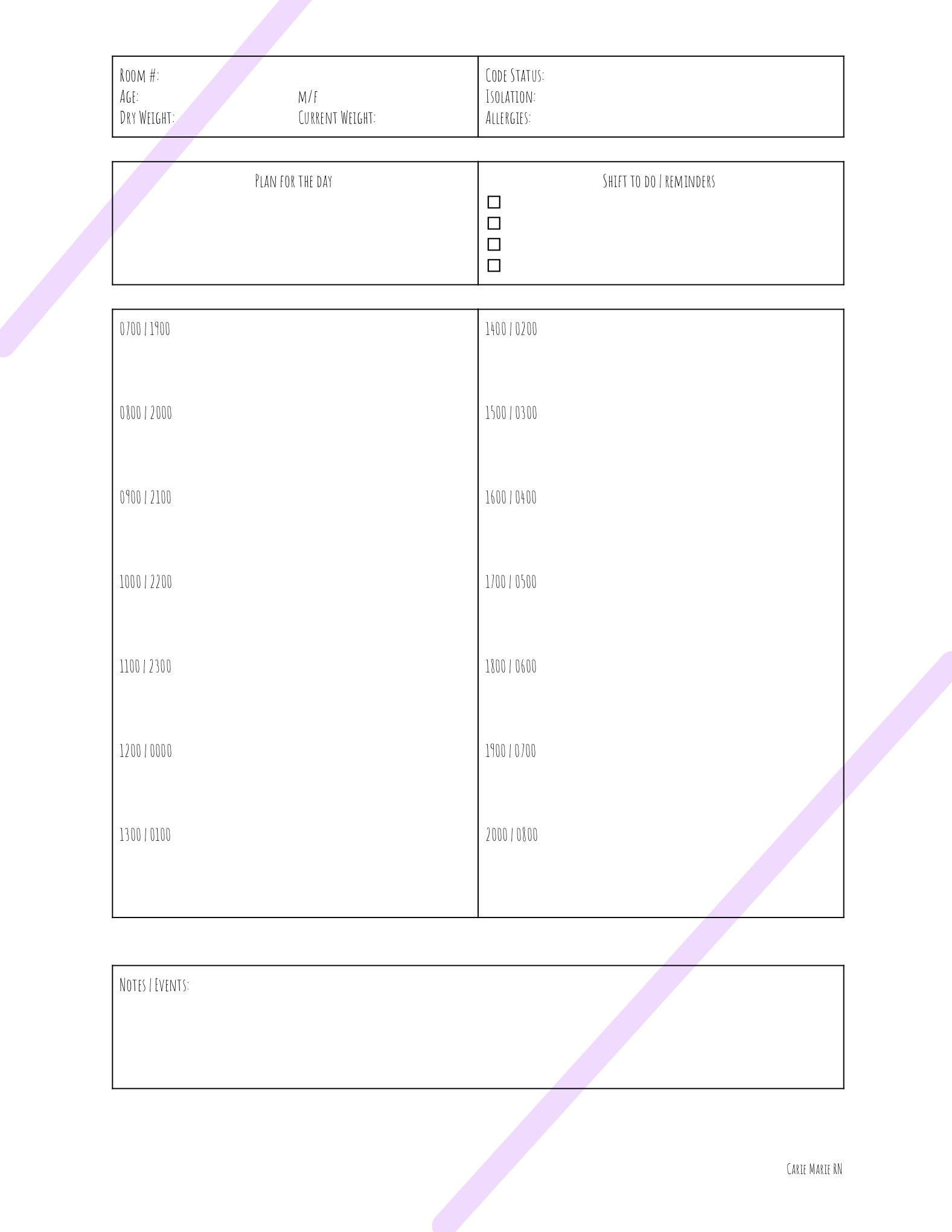 Nurse Shift Schedule Sheet 1 Patient Per Page Etsy