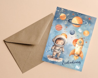 Einladungskarten Kindergeburtstag Astronaut Weltall Geburstag Karten zum selbstausfüllen mit oder ohne Kraftpapier Umschläge Einladung