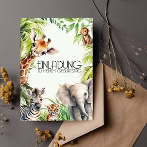 Einladungskarten Kindergeburtstag Safari Dschungeltiere Geburstag Karten zum selbstausfüllen mit oder ohne Kraftpapier Umschläge Einladung