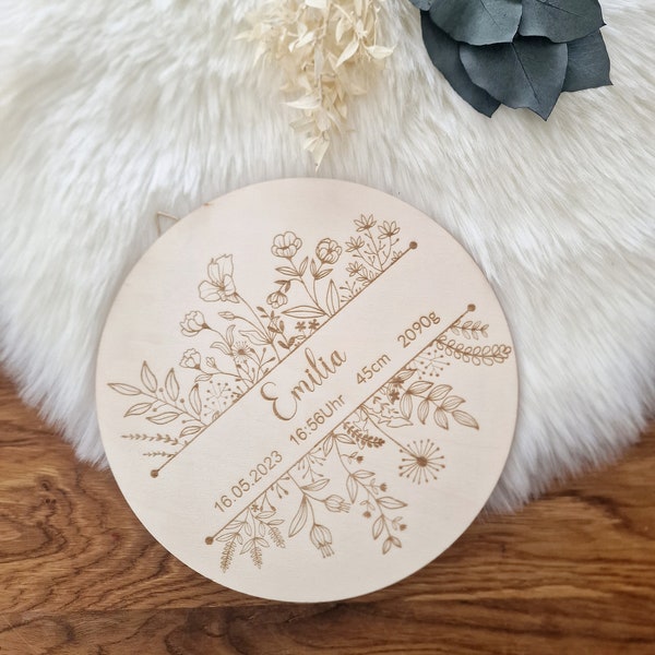 Personalisiertes Holzschild Rund Geschenk zur Geburt Taufe Holz Geburtsdaten Gravur Blumen Kinderzimmer Namensschild