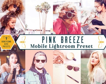 May include: A collection of mobile Lightroom presets with a pink and peach color theme. The presets are called "Pink Breeze" and are from the brand "Honeycomb Hive Presets".