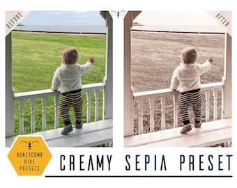 May include: Before and after image showing a child standing on a porch railing looking out at a body of water. The image on the left is in color and the image on the right is in sepia tone. The text "CREAMY SEPIA PRESET" is below the images.