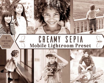 May include: A collage of sepia-toned photos of children, featuring a girl with curly hair smiling, a girl in a striped shirt, a boy in a plaid shirt, a baby in striped pants, and a girl in a dress. The text "CREAMY SEPIA Mobile Lightroom Preset" is displayed in the center of the image.