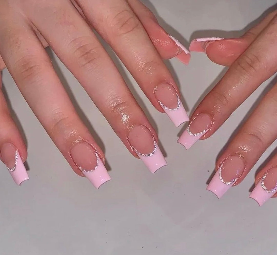 Pink French Bling Bling Long Coffin Ballerina Nails Acrylic Etsy