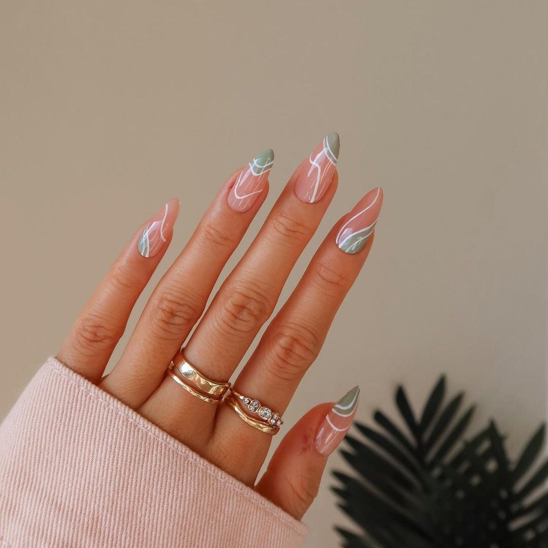 almond nail designs green