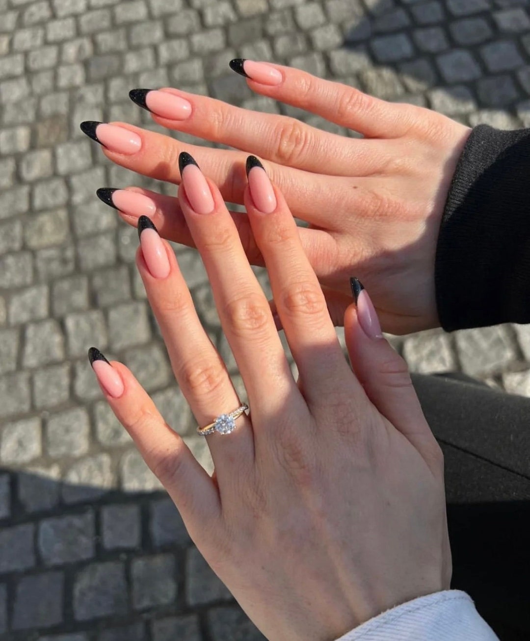 Black Classic French Long Almond Nails Press or Glue on - Etsy