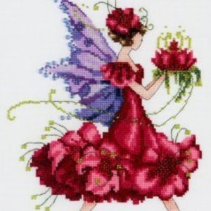 May include: A cross-stitch pattern featuring a fairy with purple wings and a red dress made of flowers. She is holding a bouquet of red flowers.
