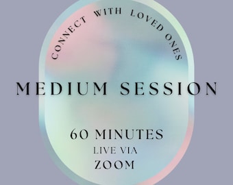 May include: An oval-shaped design with a pastel gradient of pink, blue, and green, set against a lavender background. The text reads "Connect with Loved Ones" and "Medium Session - 60 Minutes - Live via Zoom."