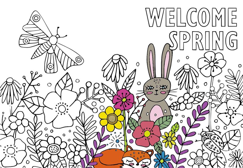 Hand Illustrated Welcome Spring Coloring Page JPG - Etsy