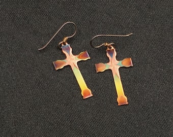 Small Cross Earrings, flame painted with Niobium Ear Wires