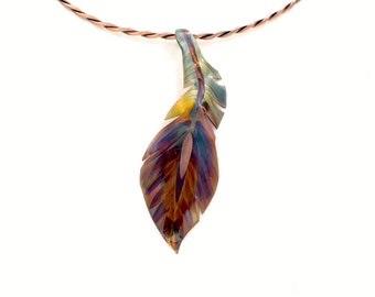 Flame Painted Copper Feather, unique, displayed on a neck ring, sold separately