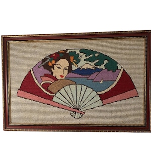 Finished Framed Needlepoint Japanese Fan Geisha Fuji Japan 20x13 1/2