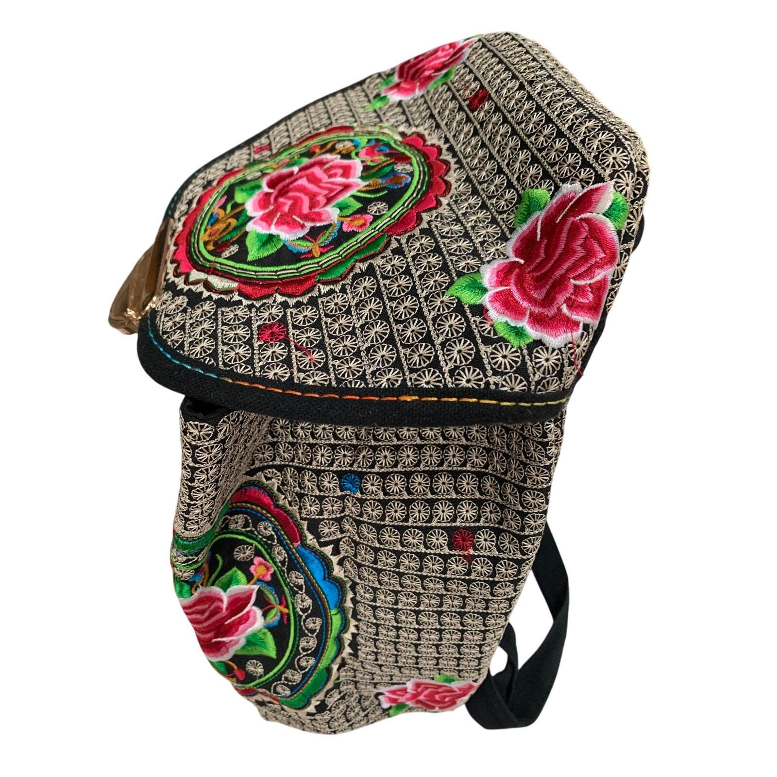 Mexican Leather mini Backpack Floral Embroidery multi hippie bag Handmade Floral Embroidered Mexican Backpack: Boho Style - Etsy main image 3