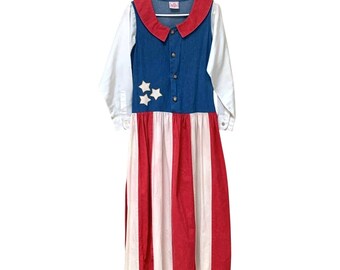 Vintage Denim Cotton Patriotic USA Flag Maxi Dress or Costume size 10 See Measurements